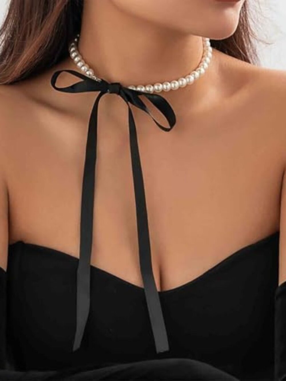 Vintage Pearl Ribbon Choker Necklace Black Satin Ribbon Bow Necklace White Pearl